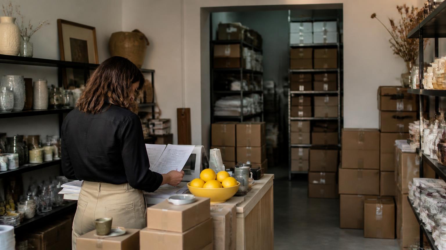 Retail Lemon · Autopsia de una quiebra por exceso de stock Shopkeeper reviewing the accounts among boxes and excess inventory before a retail business collapse